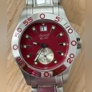 Picard & Cie Luxury Men’s Watch Red Dial All Stainless Bracelet Case Date Window